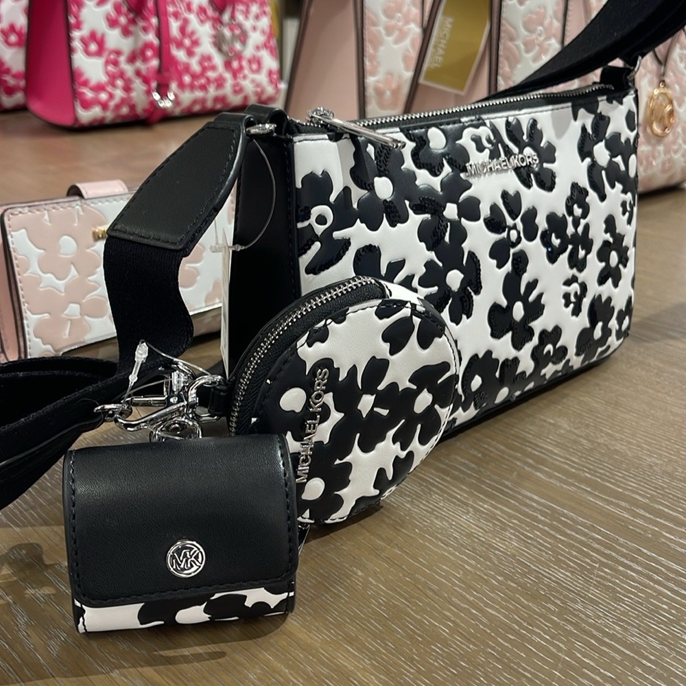 MICHAEL KORS Jet Set Sm Sequined Floral Print Crossbody w Case for Apple Airpods - Picture 16 of 16